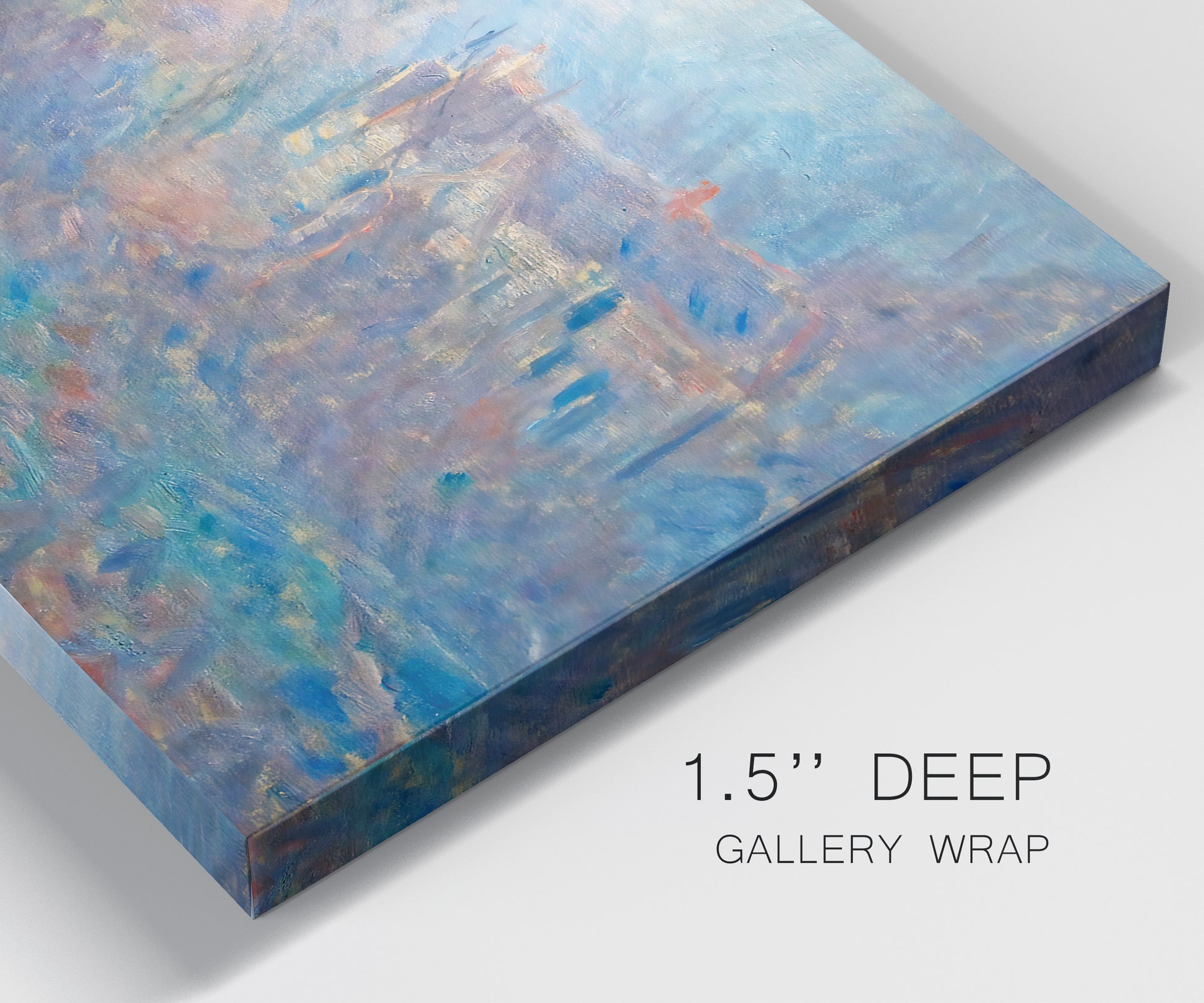 Close-up view of wrapped canvas corner featuring sunlit valley landscape.
