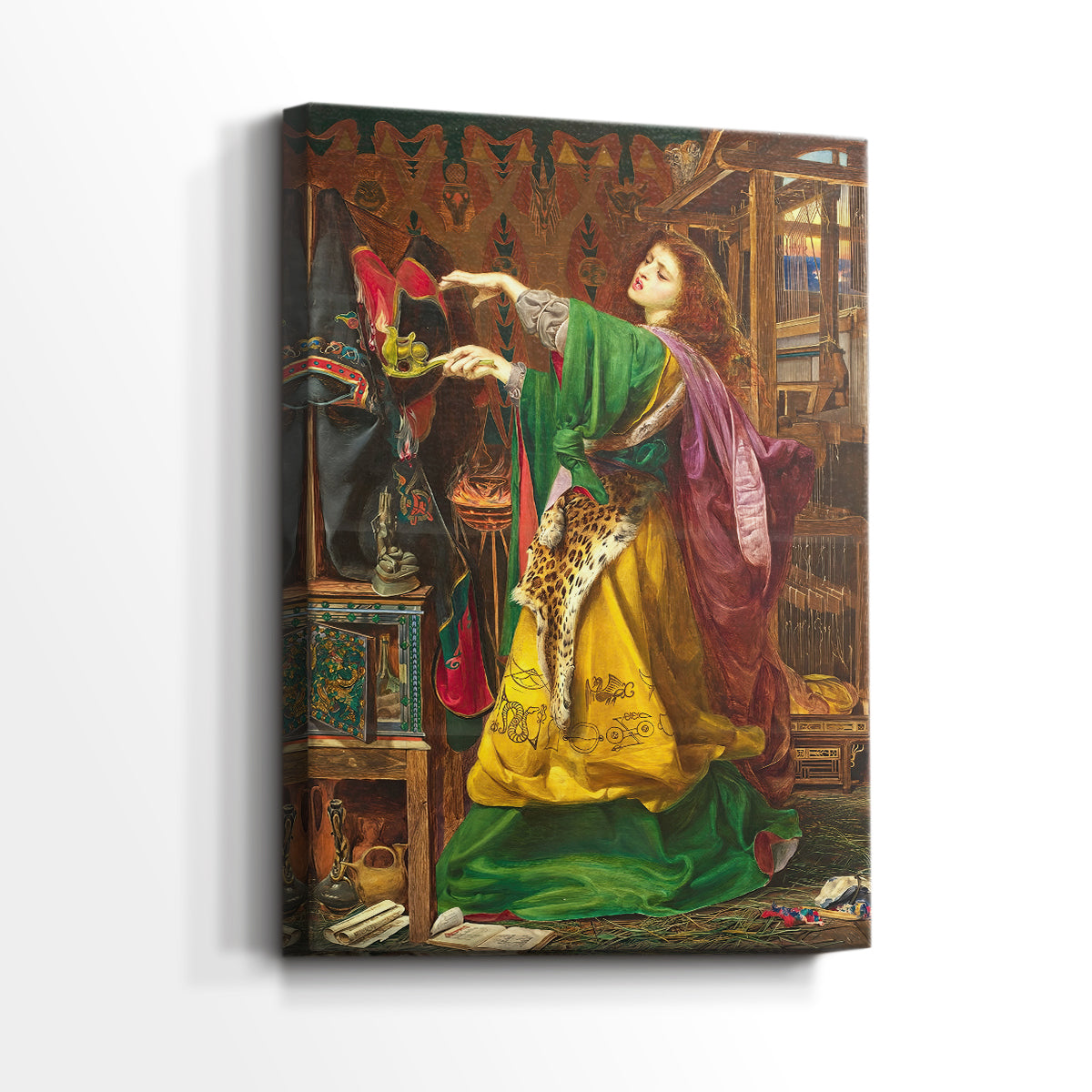 Side view of a canvas art print of a fantasy-inspired portrait with bold color and detail, showing gallery-wrapped depth.