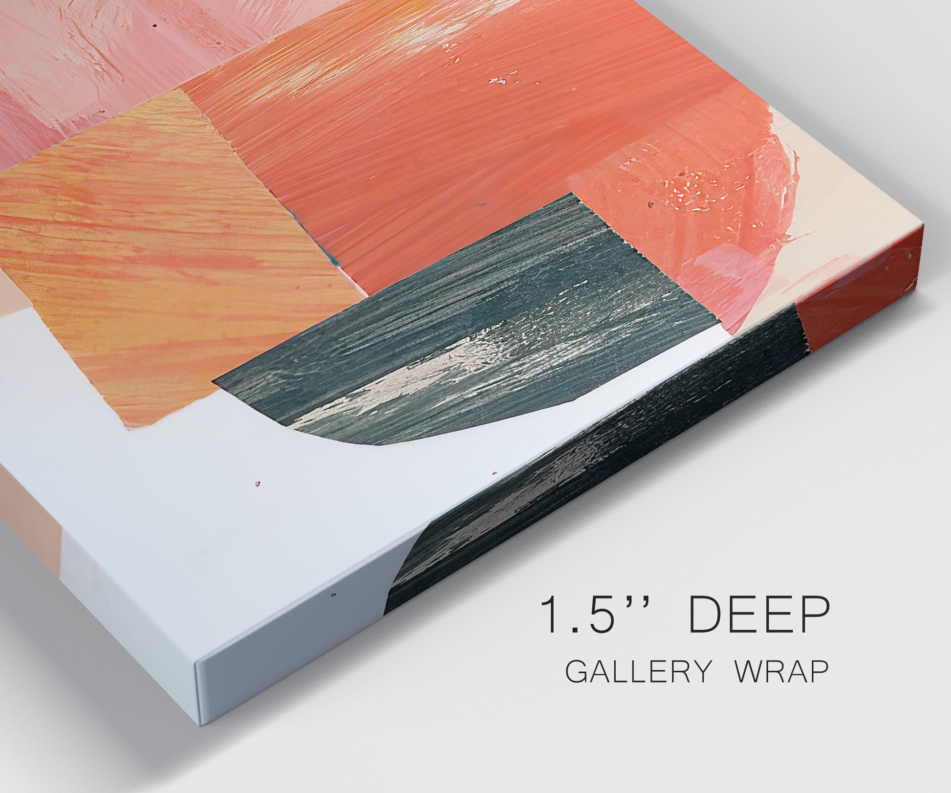 Close-up view of wrapped canvas corner featuring bold pink mid century abstract portal.
