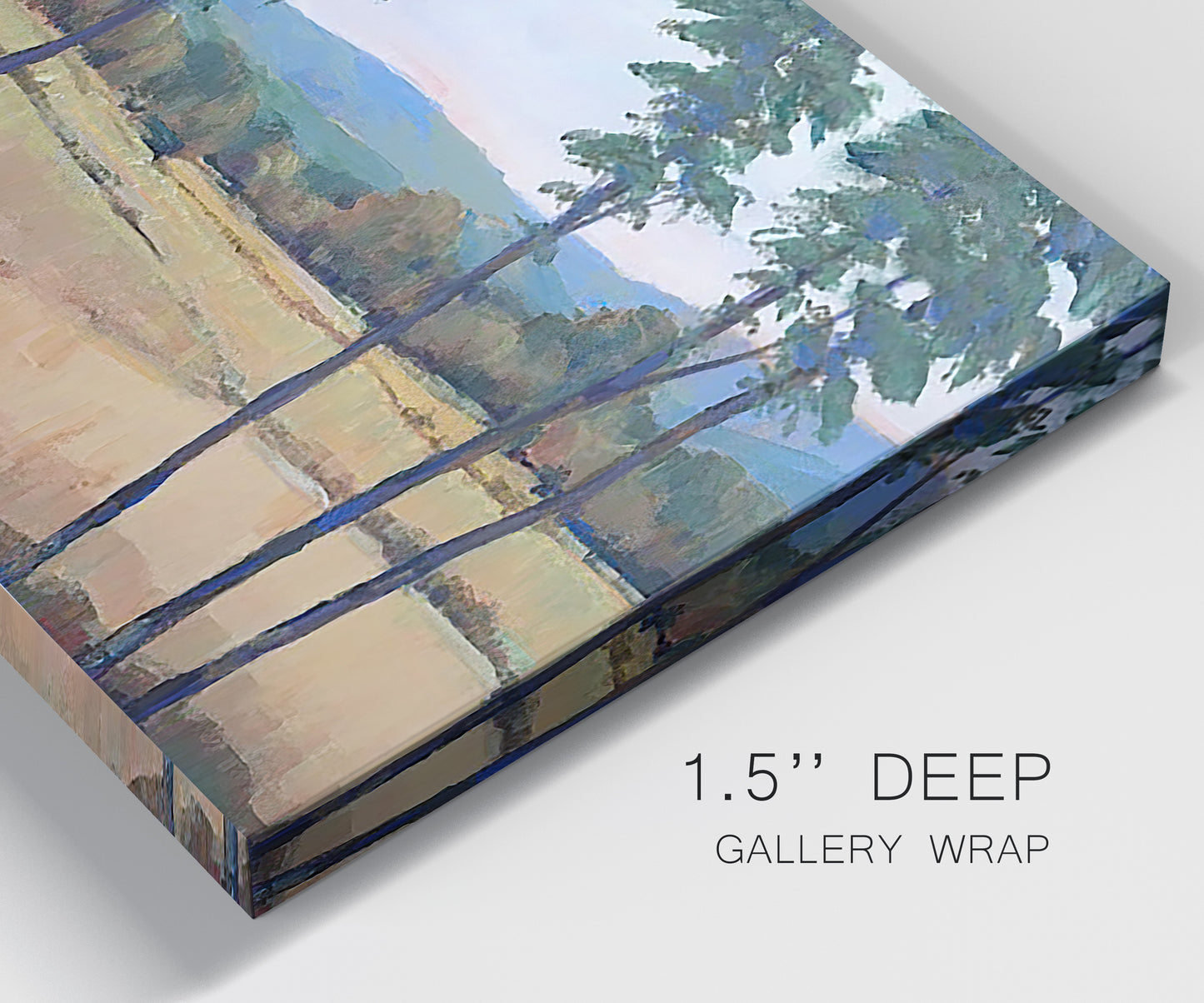 Close-up view of wrapped canvas corner featuring quiet morning landscape with trees.