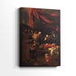 Side view of a canvas art print of a solemn religious composition with rich shadows and deep tones, showing gallery-wrapped depth.