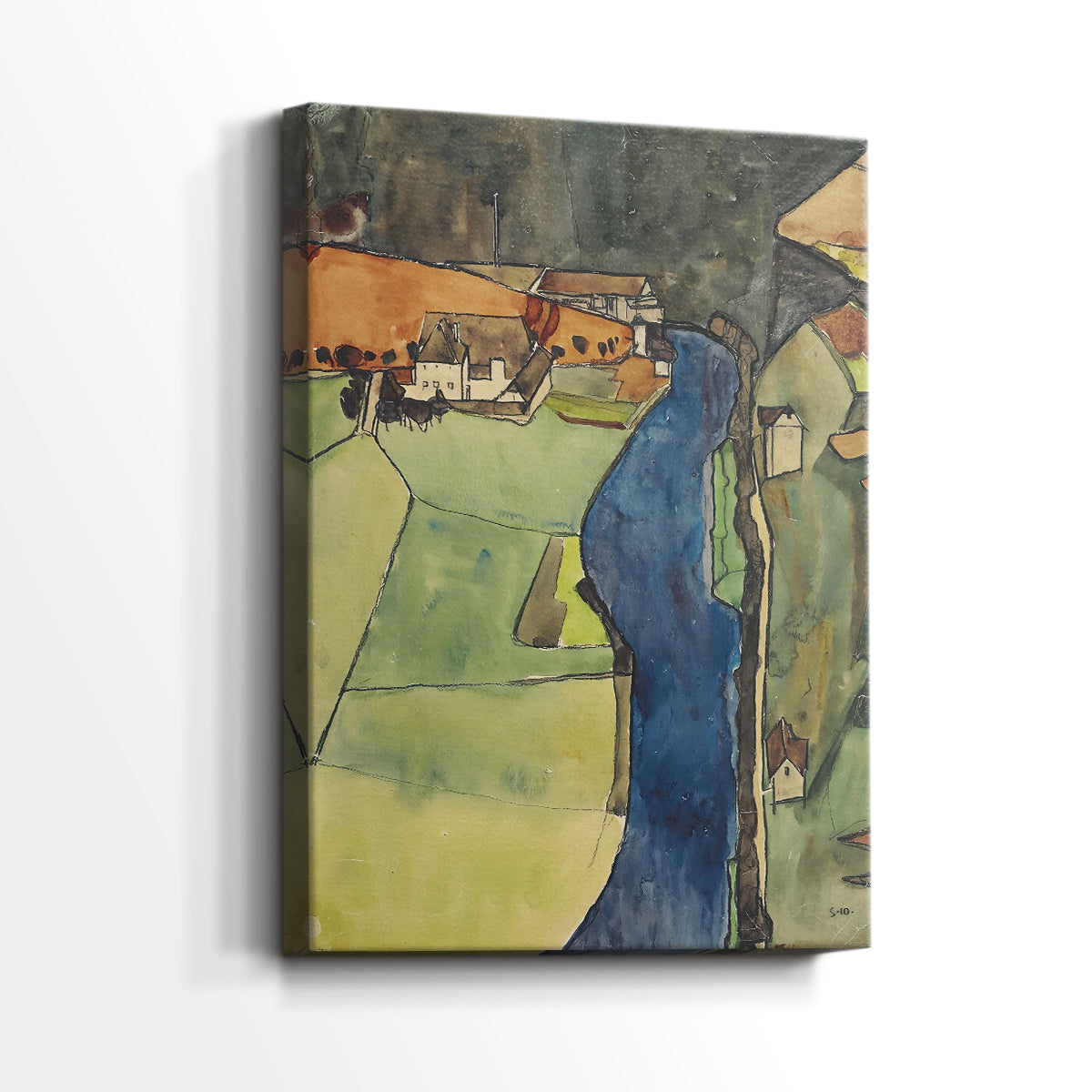 Side view of a canvas art print of an abstract city view with sharp lines and vibrant tones, showing gallery-wrapped depth.