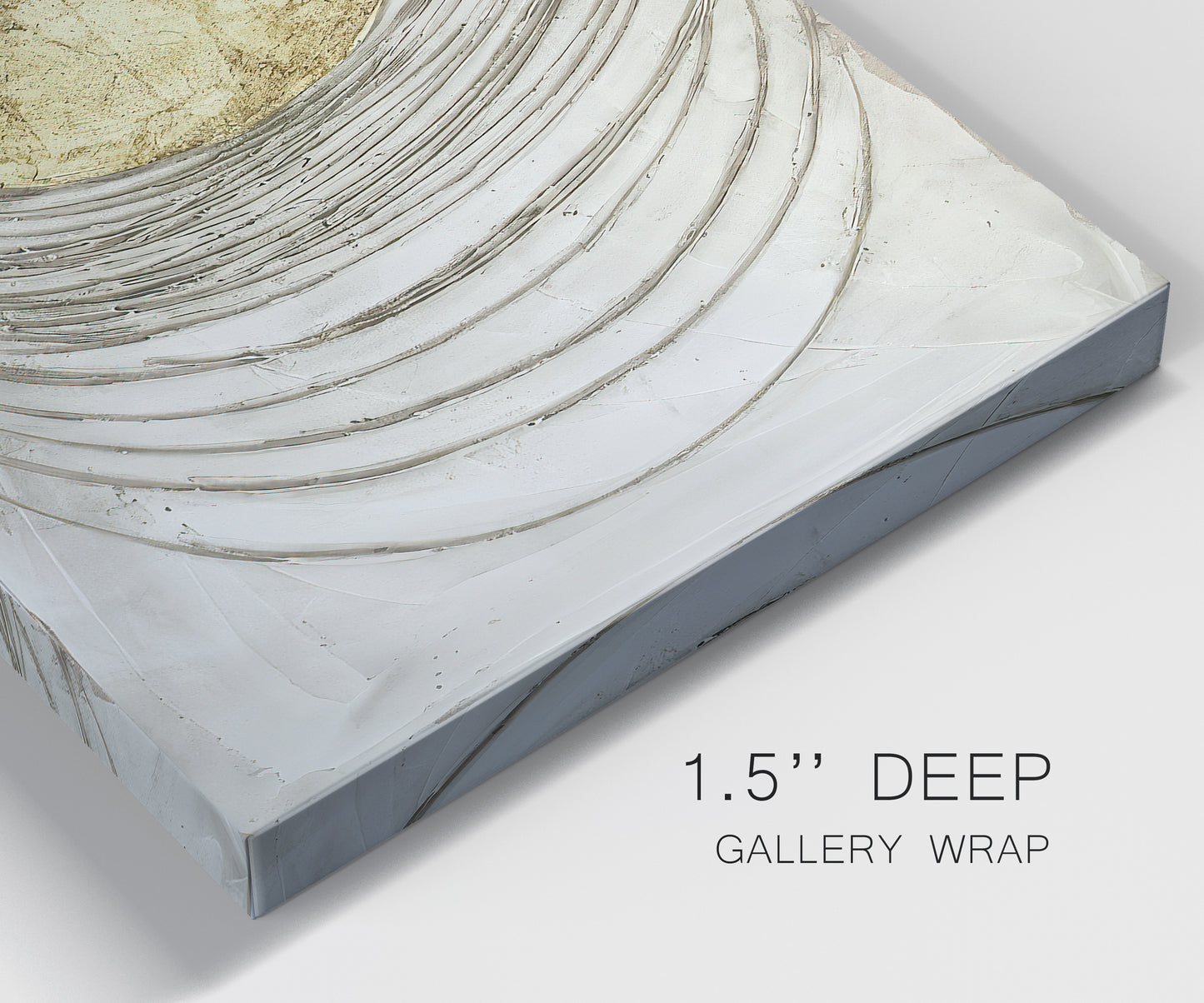 Close-up view of wrapped canvas corner featuring circular abstract energy forms.