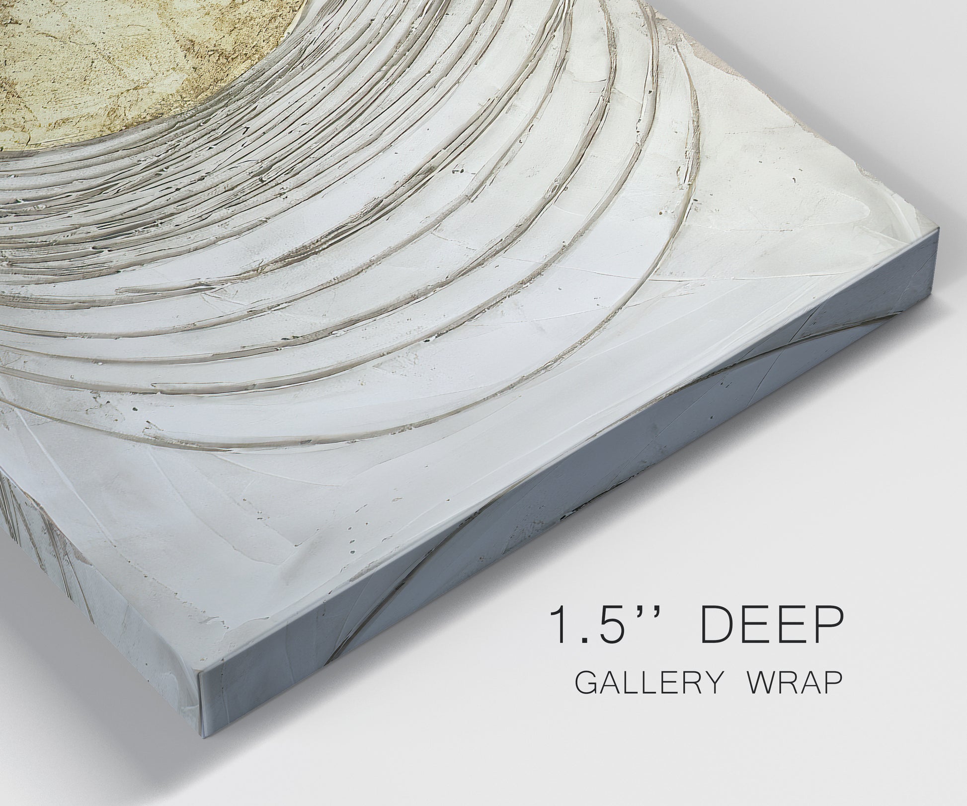 Close-up view of wrapped canvas corner featuring circular abstract energy forms.