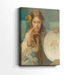 Side view of a canvas art print of a decorative portrait with soft tones and traditional patterns, showing gallery-wrapped depth.