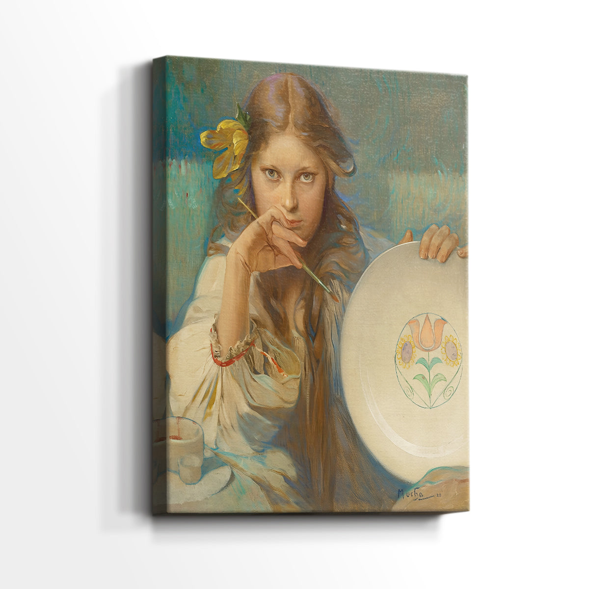 Side view of a canvas art print of a decorative portrait with soft tones and traditional patterns, showing gallery-wrapped depth.