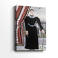 Side view of a canvas art print of a formal portrait with simplified features and calm expression, showing gallery-wrapped depth.