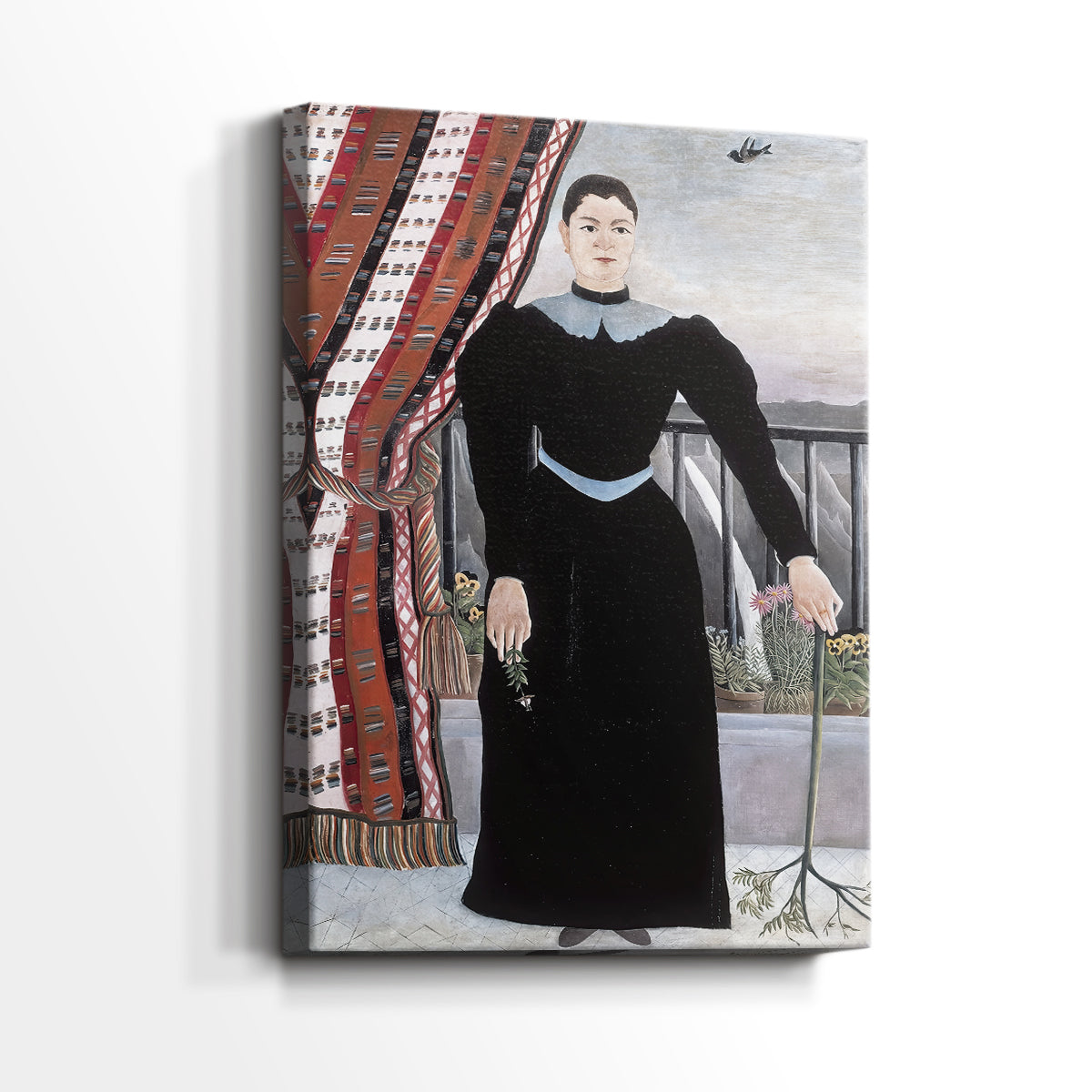 Side view of a canvas art print of a formal portrait with simplified features and calm expression, showing gallery-wrapped depth.