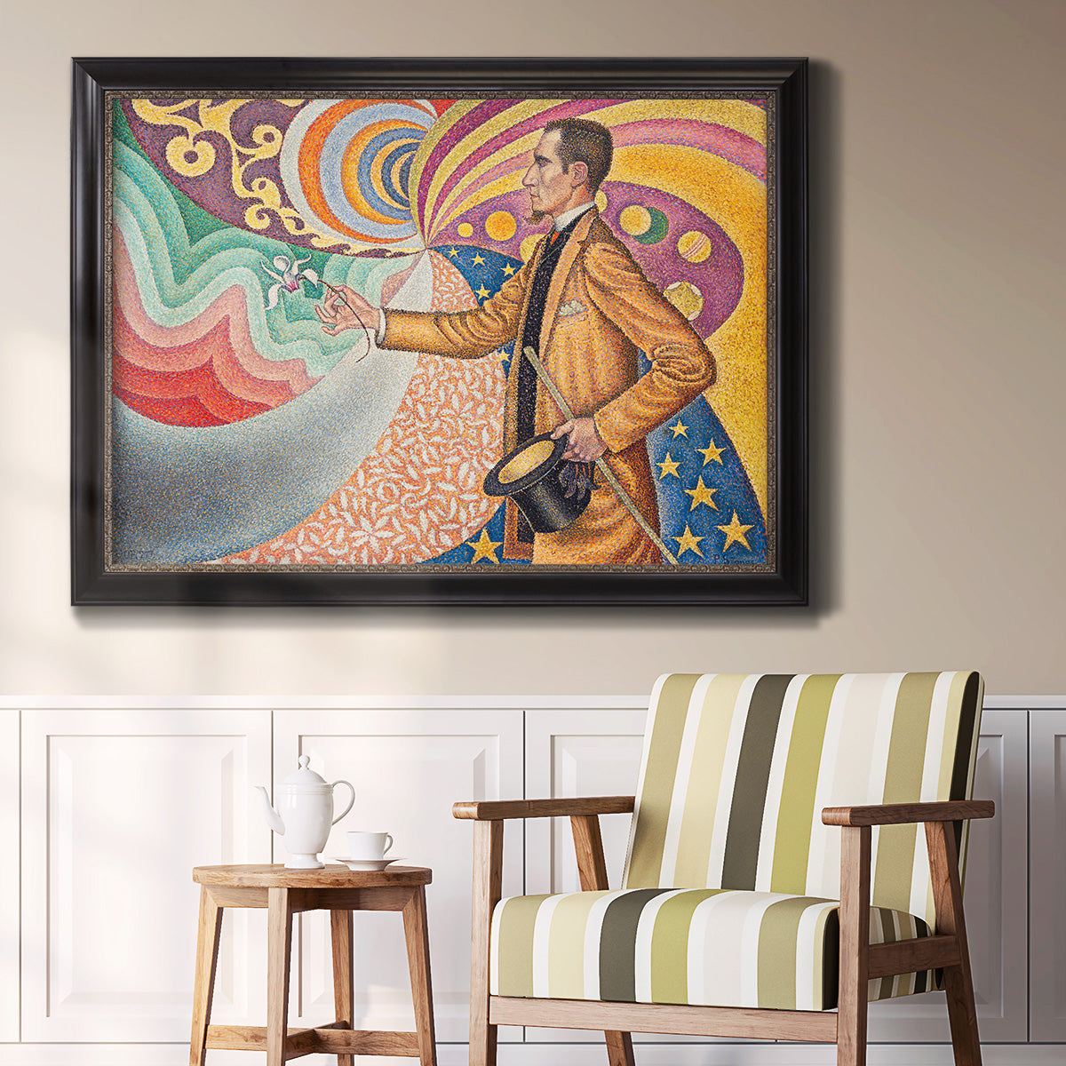 Neo-impressionist abstract portrait by Paul Signac in an ornate black frame with gilded inner detail displayed in a light-toned interior setting.