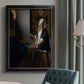 Quiet interior genre scene of a woman with scales by Johannes Vermeer in an {frame_style_descriptor} displayed in a neutral interior setting.
