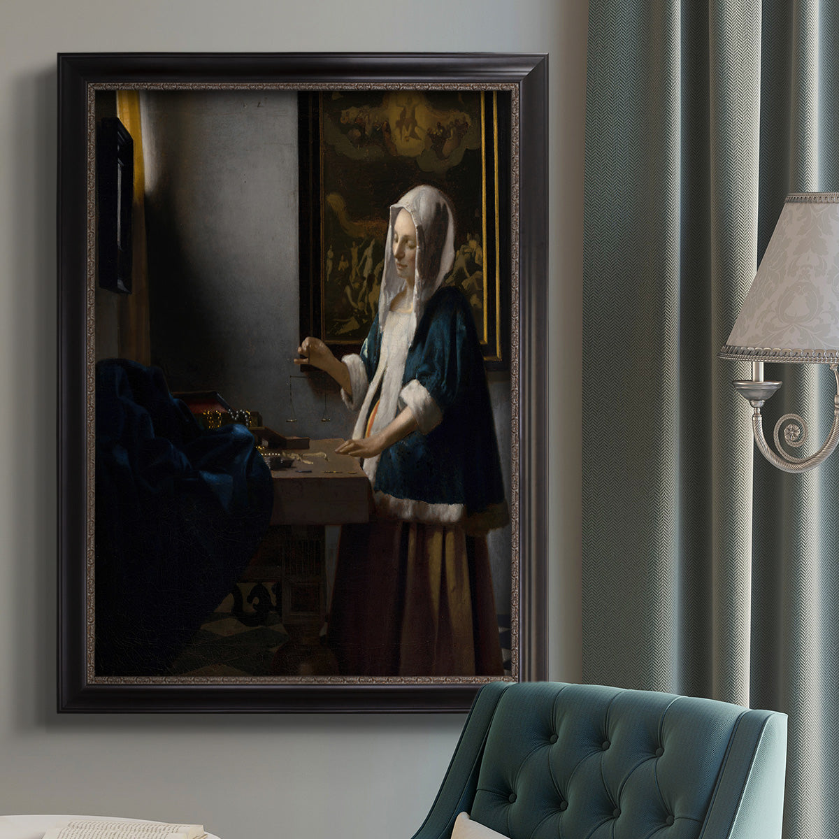 Quiet interior genre scene of a woman with scales by Johannes Vermeer in an {frame_style_descriptor} displayed in a neutral interior setting.
