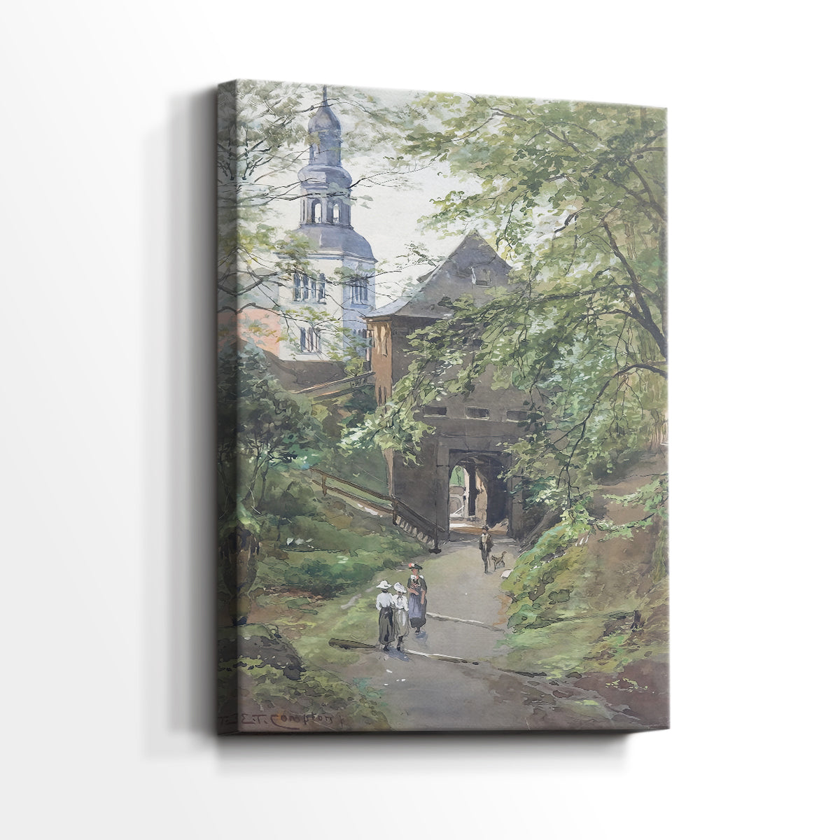 Side view of a canvas art print of a calm street view with classic European architecture, showing gallery-wrapped depth.