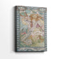 Side view of a canvas art print of a stylized depiction of Joan of Arc with soft colors and intricate patterns, showing gallery-wrapped depth.