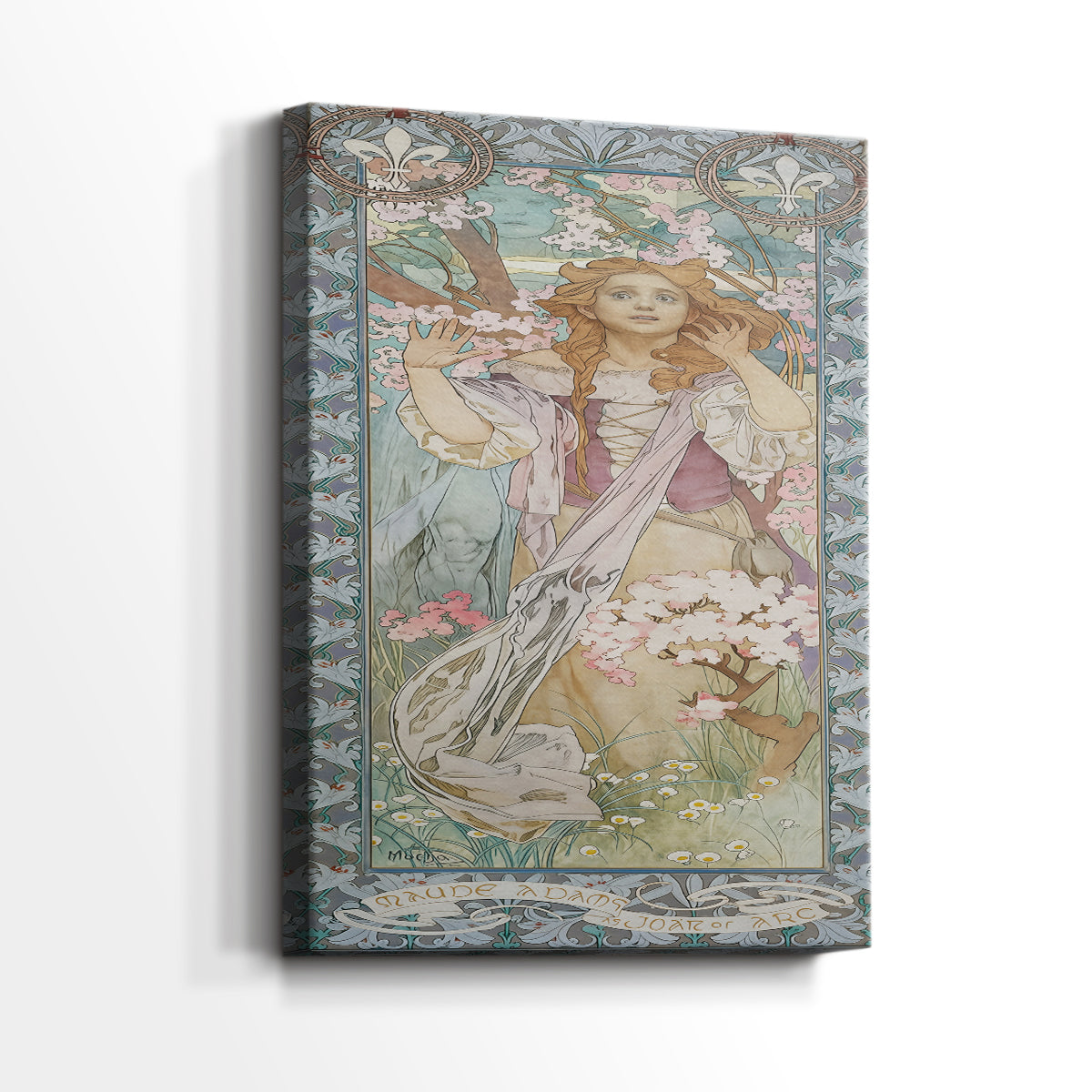 Side view of a canvas art print of a stylized depiction of Joan of Arc with soft colors and intricate patterns, showing gallery-wrapped depth.
