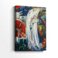 Side view of a canvas art print of a stylized scene with bold shapes and shifting perspective, showing gallery-wrapped depth.
