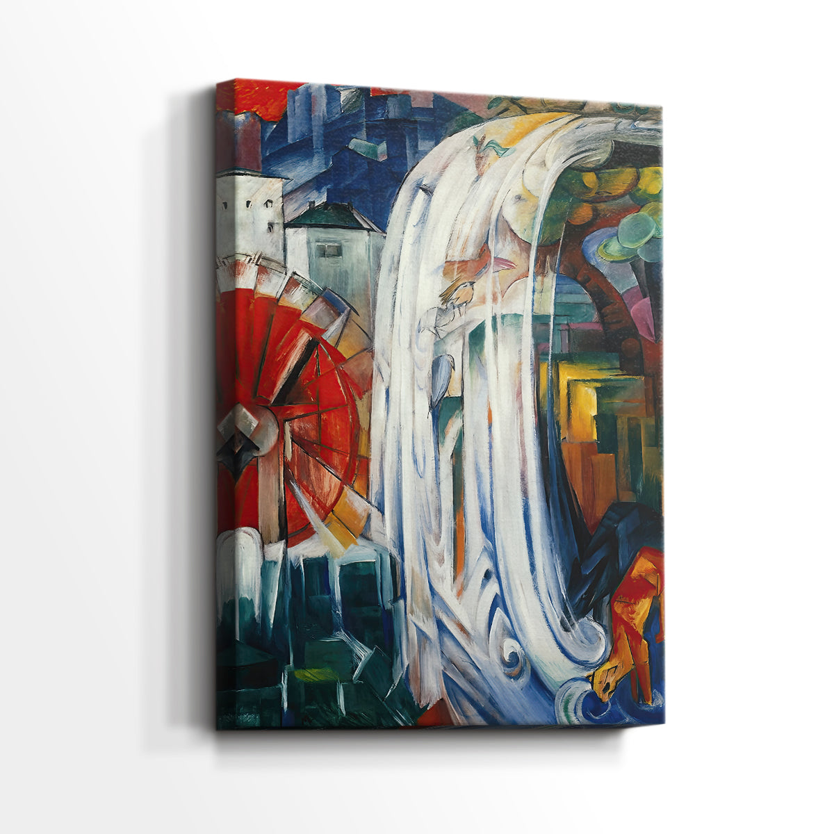 Side view of a canvas art print of a stylized scene with bold shapes and shifting perspective, showing gallery-wrapped depth.