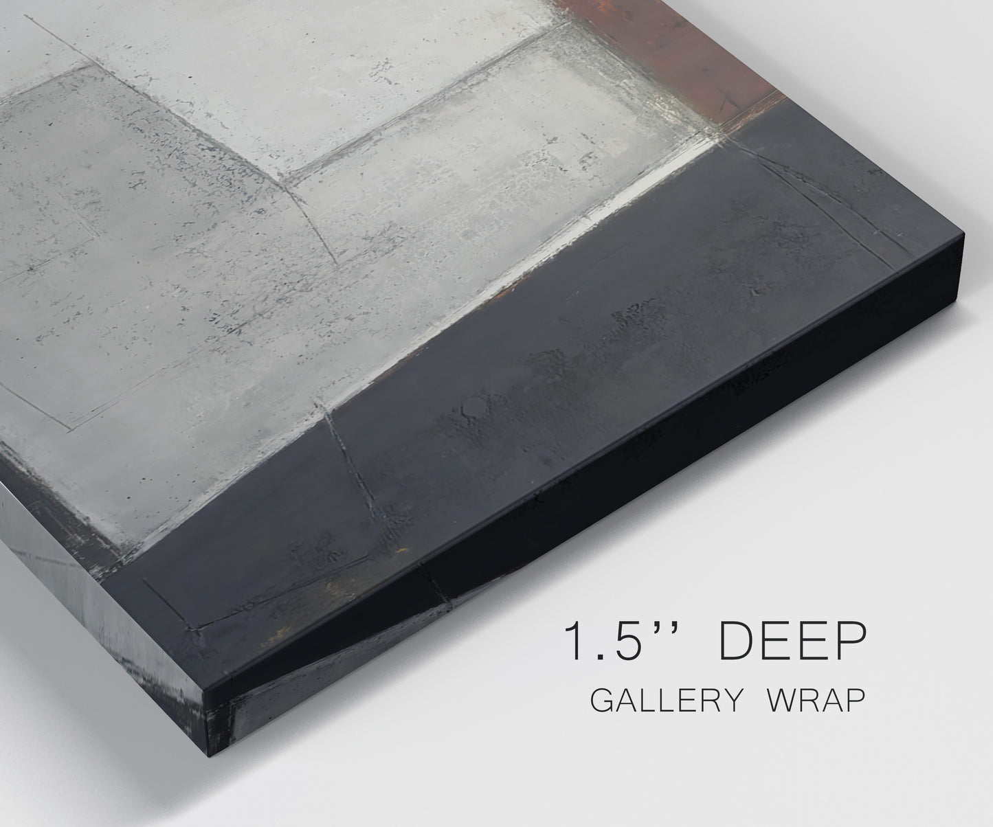 Close-up view of wrapped canvas corner featuring geometric abstract roadway motif.
