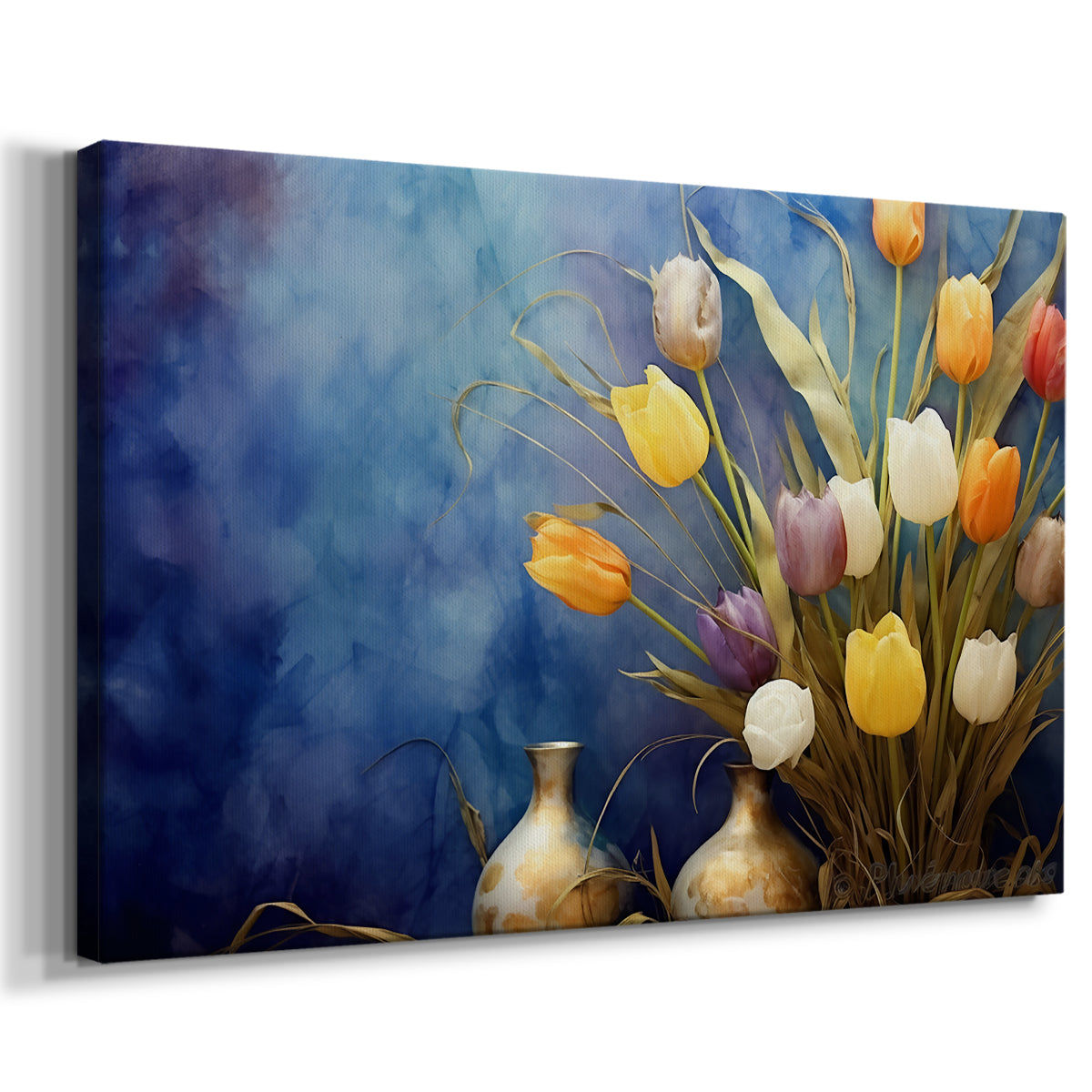 tulips,flowers,bouquet,vases,blue background,colorful arrangement,morning light,floral decor,nature,home decor,still life,indoor gardening,flower arrangement,spring,vibrant colors,beauty,petal,yellow,orange,white,pink,purple,green,composition,textures,decoration,elegance,art,floral display,aesthetic,visual art,design,craftsmanship,gardening,interior design,vibrant shades,creative arrangement,serene setting