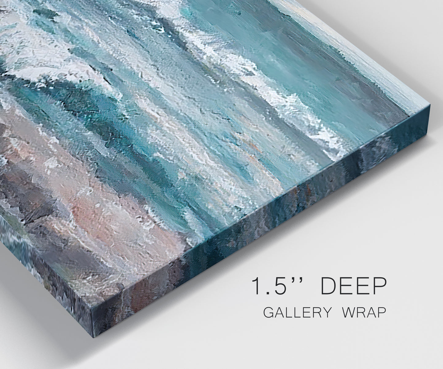 Close-up view of wrapped canvas corner featuring crashing ocean waves along shoreline.