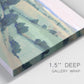 Close-up view of wrapped canvas corner featuring pastoral countryside with rocky outcrop.
