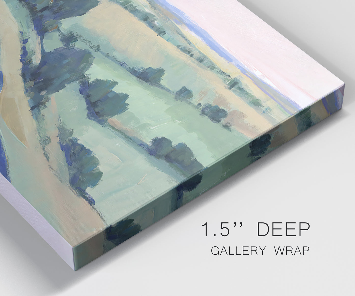 Close-up view of wrapped canvas corner featuring pastoral countryside with rocky outcrop.