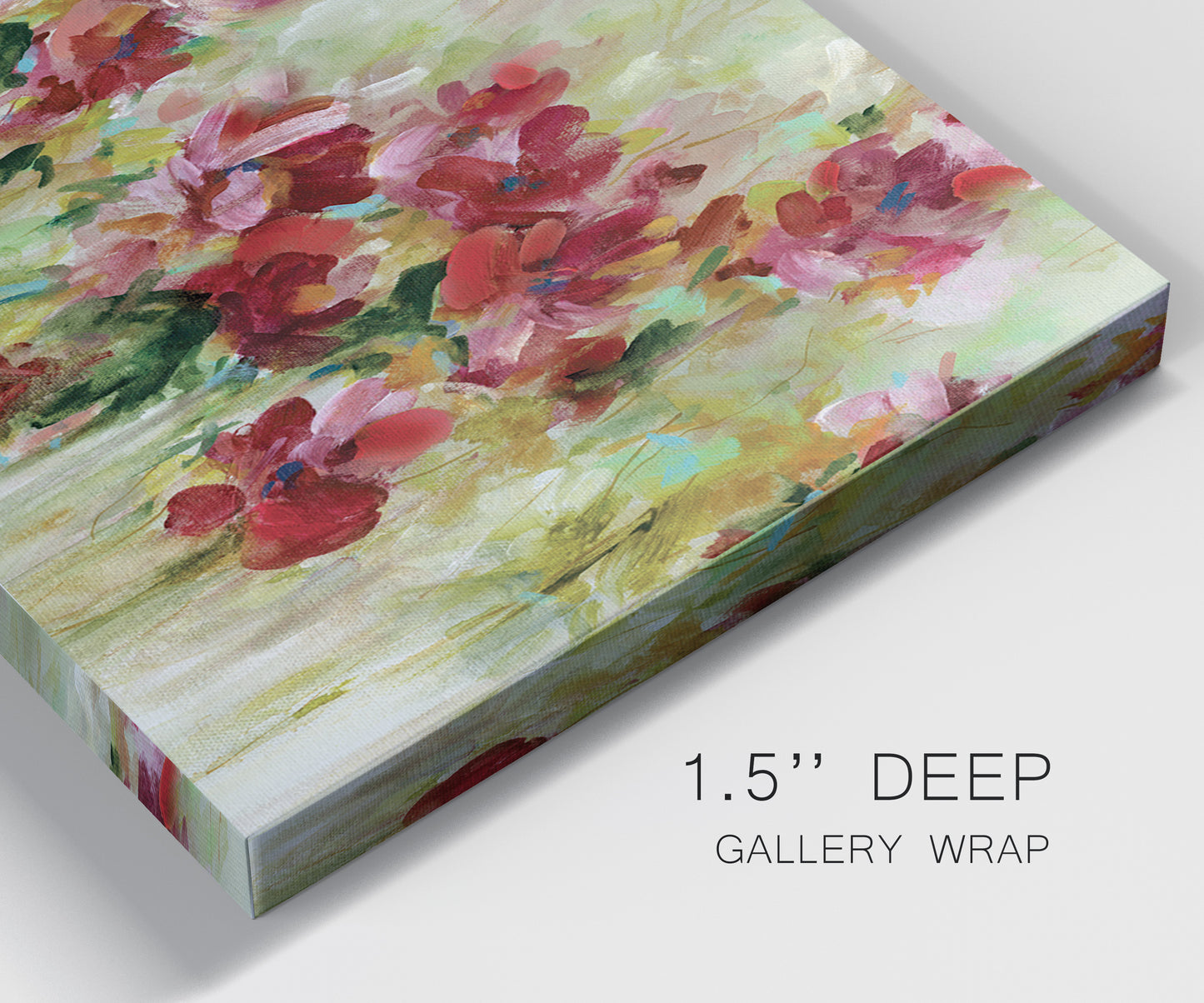 Close-up view of wrapped canvas corner featuring colorful floral garden composition.