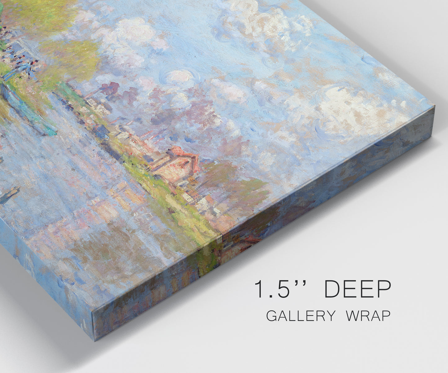 Close-up view of wrapped canvas corner featuring formal city park with trees.