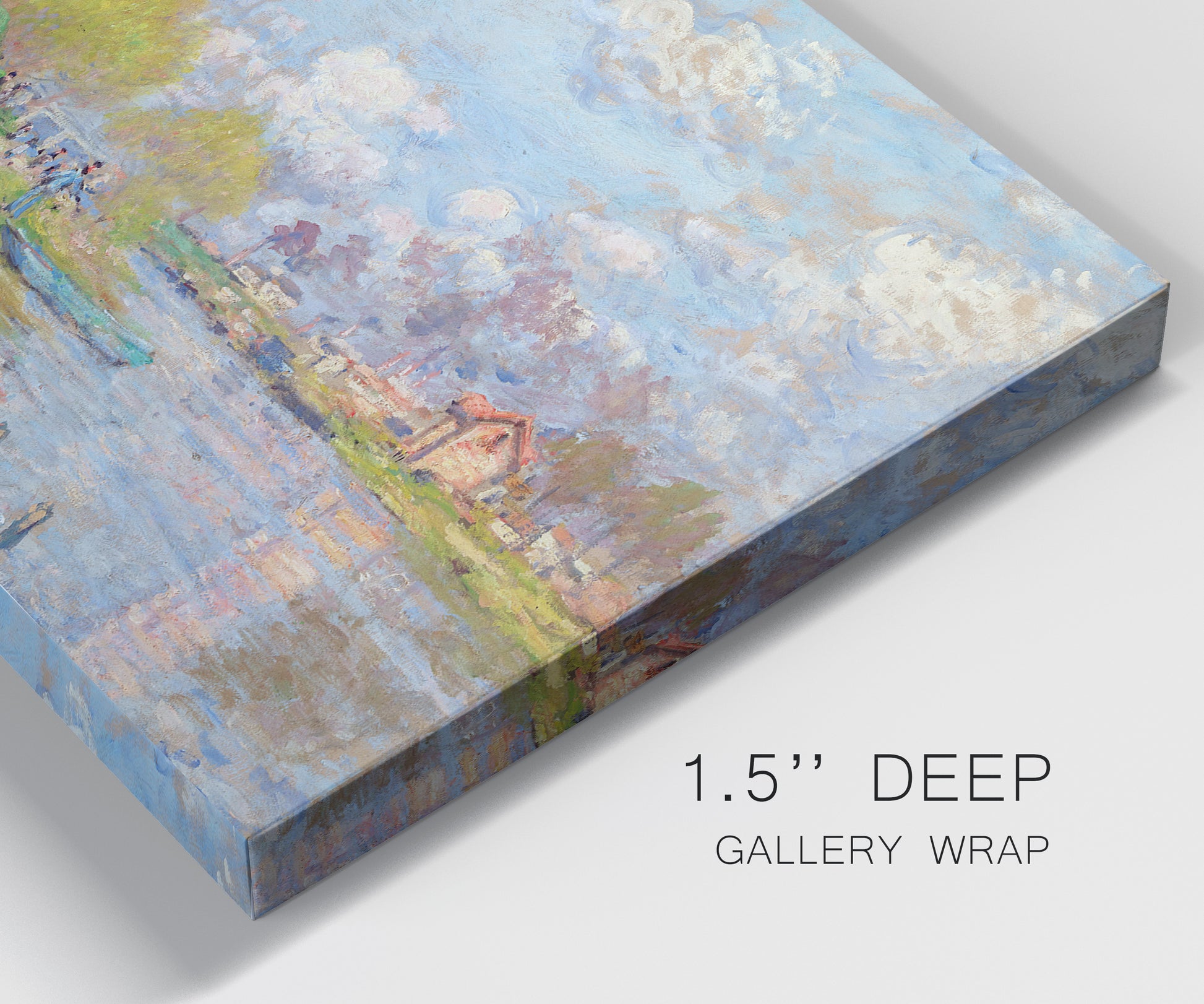 Close-up view of wrapped canvas corner featuring formal city park with trees.