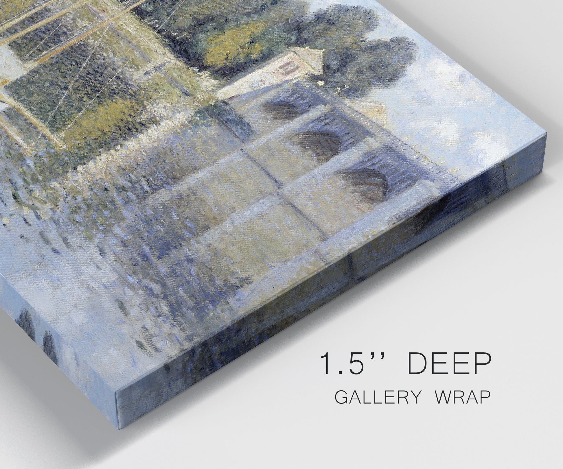 Close-up view of wrapped canvas corner featuring bridge crossing broad river.