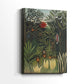 Side view of a canvas art print of an exotic landscape with birds and monkeys in thick vegetation, showing gallery-wrapped depth.