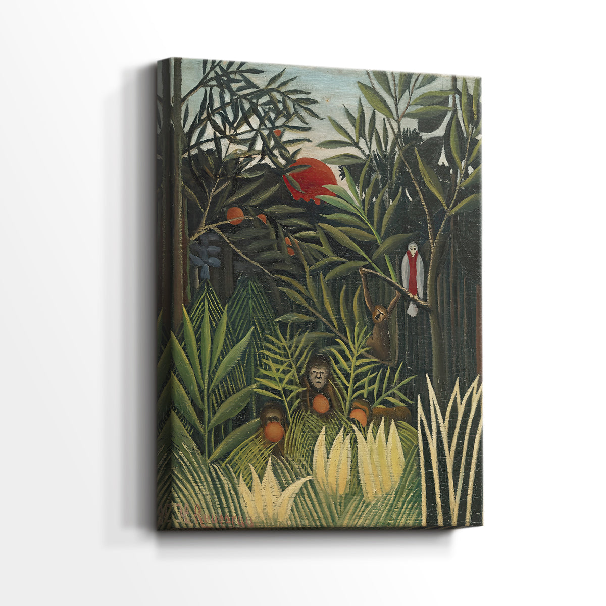 Side view of a canvas art print of an exotic landscape with birds and monkeys in thick vegetation, showing gallery-wrapped depth.