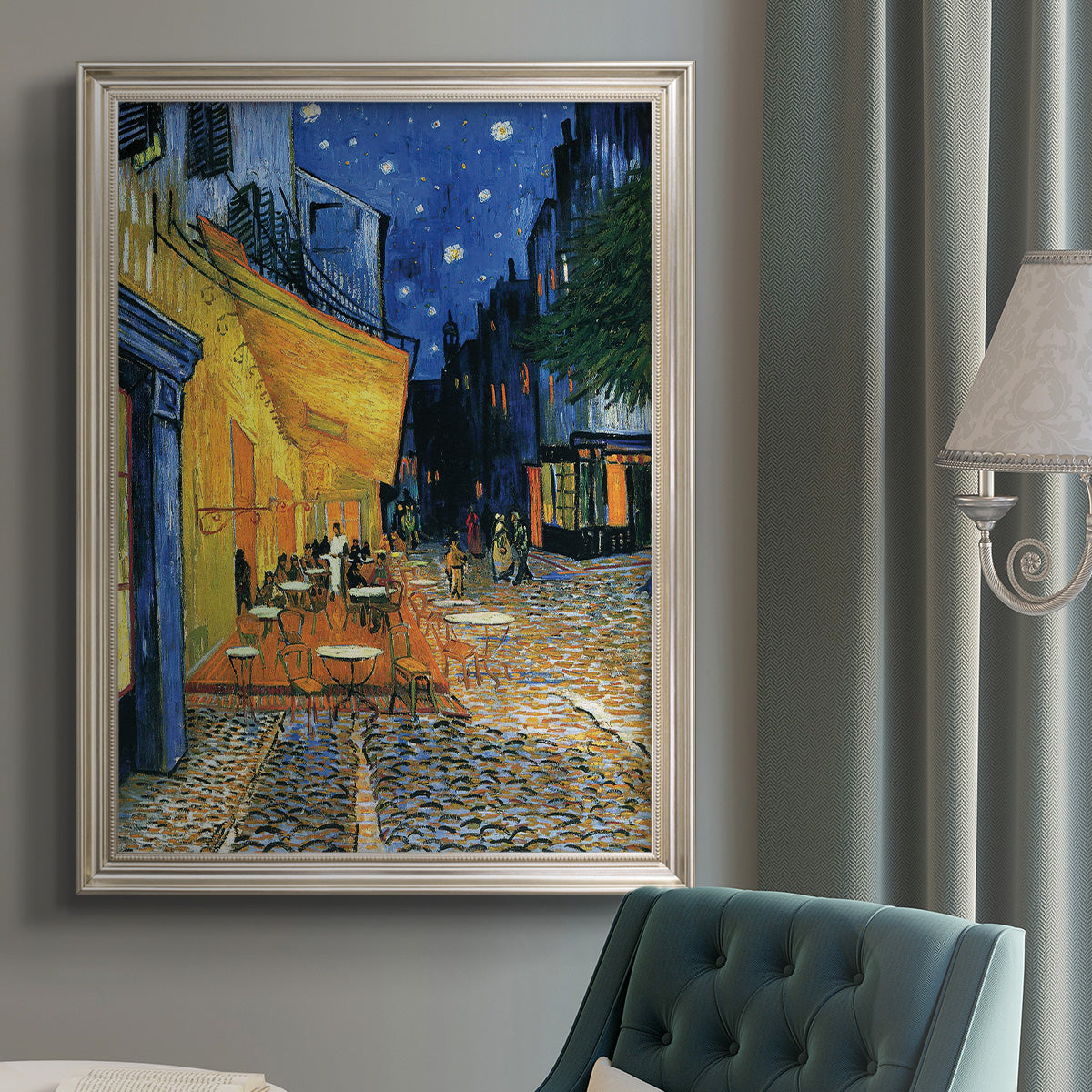 Impressionist night café street scene by Vincent van Gogh in an {frame_style_descriptor} displayed in a neutral interior setting.