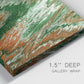 Close-up view of wrapped canvas corner featuring modern abstract layered pattern.