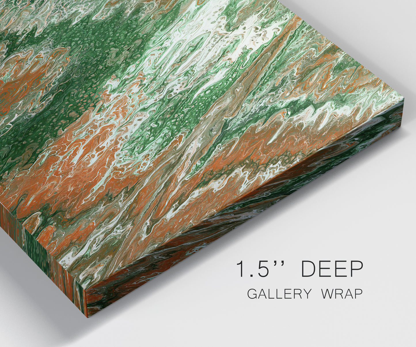 Close-up view of wrapped canvas corner featuring modern abstract layered pattern.