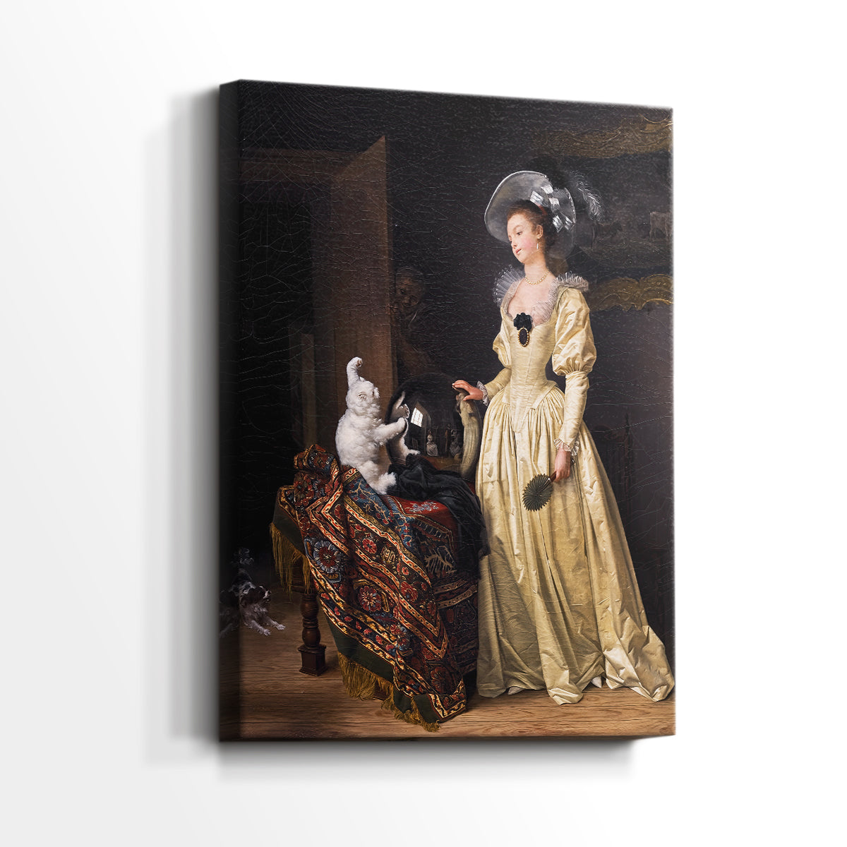 Side view of a canvas art print of a graceful portrait with soft textures and elegant setting, showing gallery-wrapped depth.