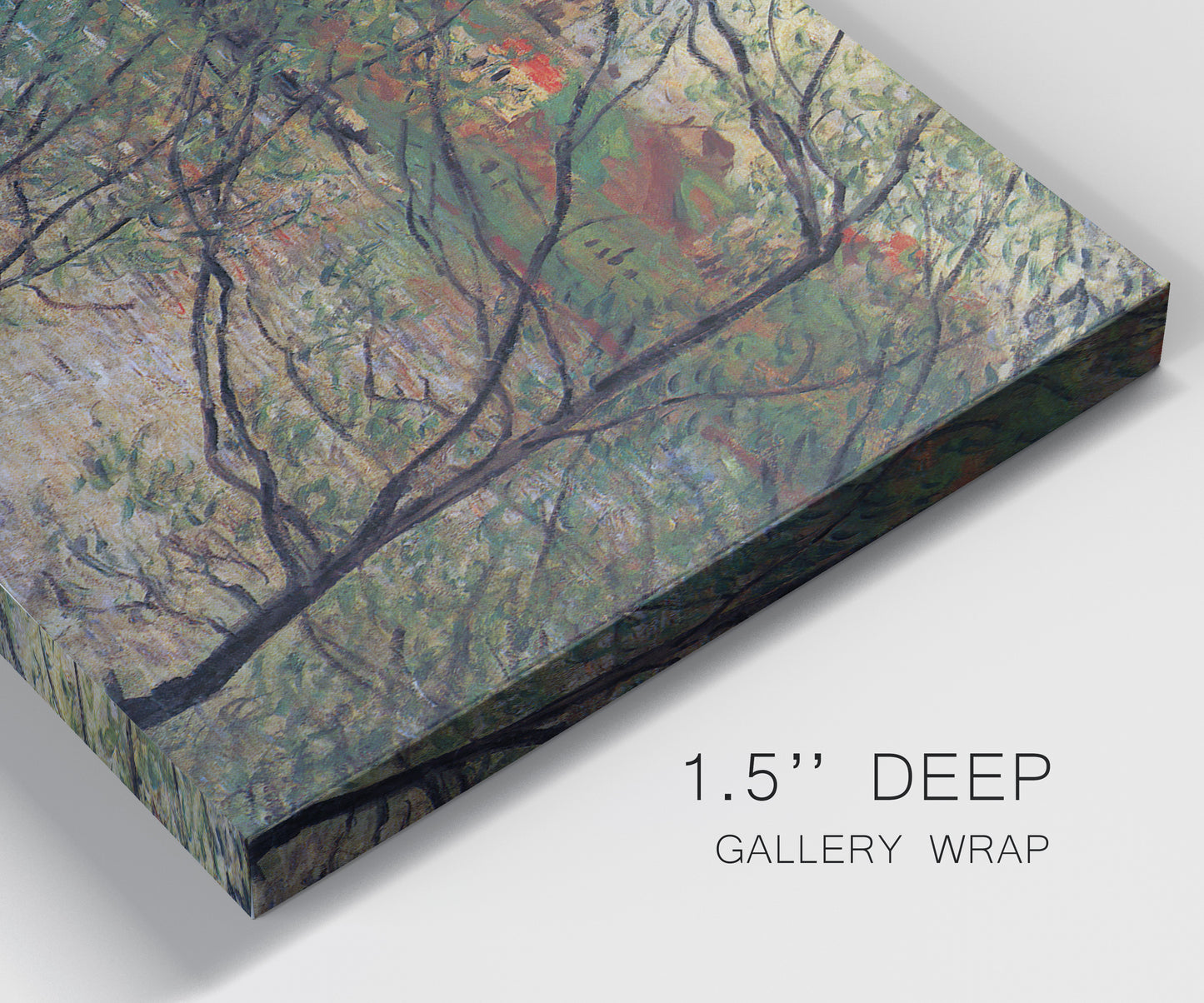 Close-up view of wrapped canvas corner featuring spring countryside with fresh foliage.
