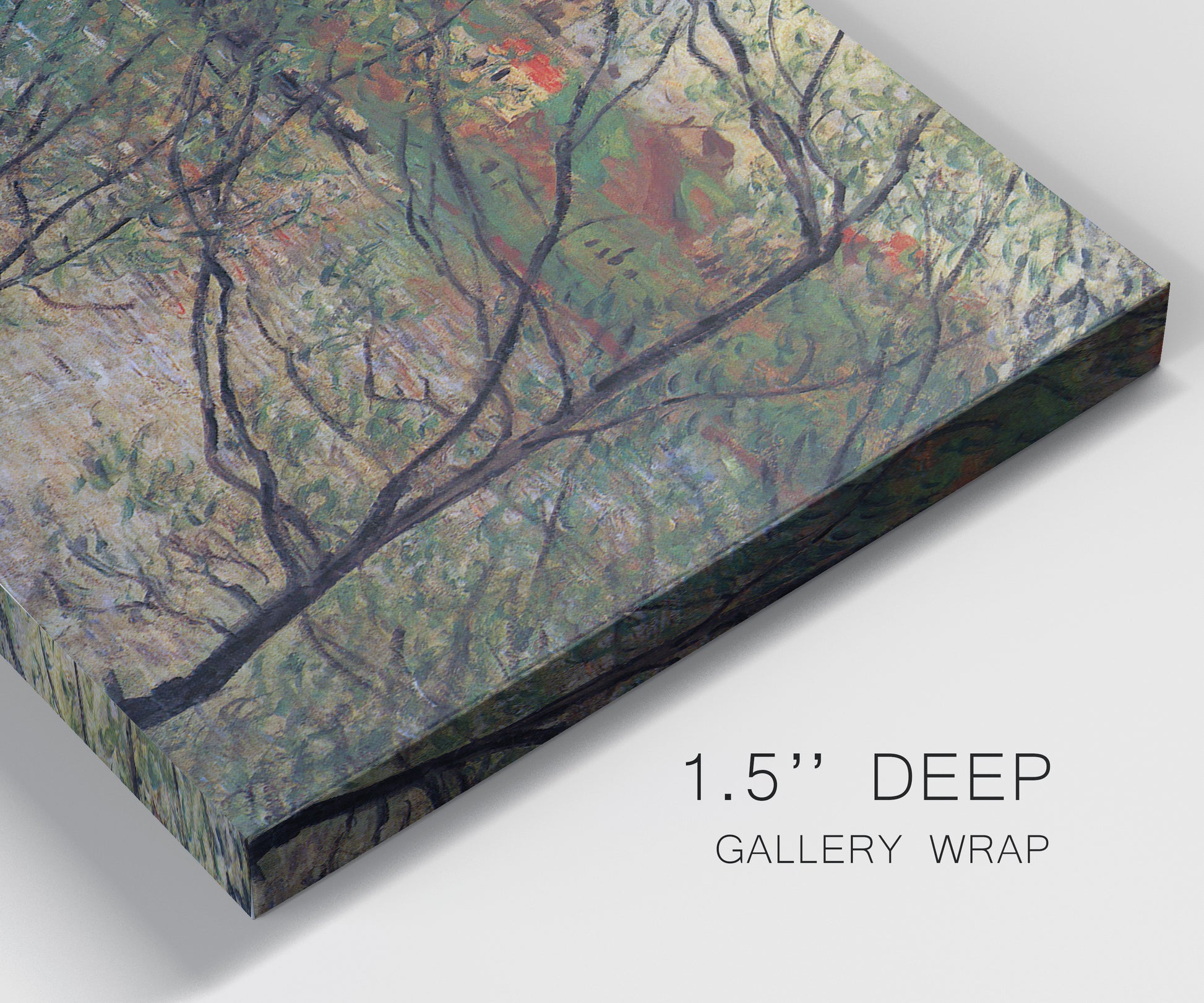 Close-up view of wrapped canvas corner featuring spring countryside with fresh foliage.