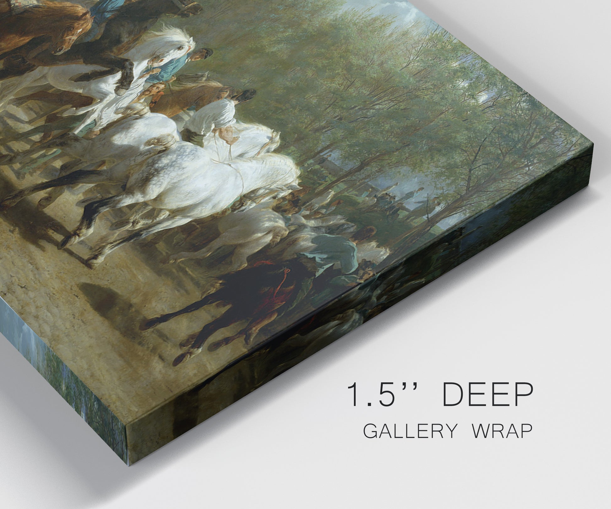 Close-up view of wrapped canvas corner featuring crowded horse fair scene.