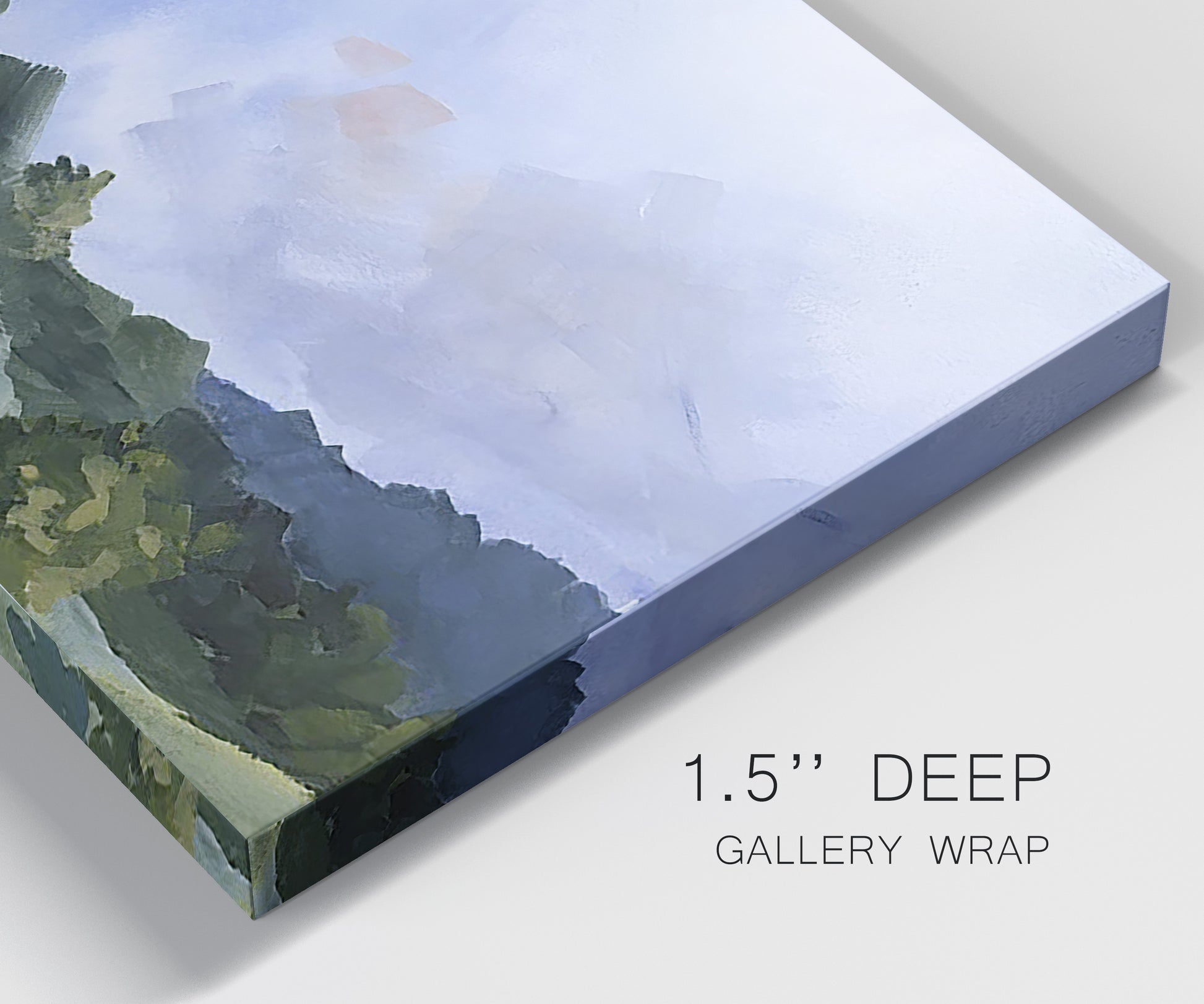 Close-up view of wrapped canvas corner featuring wide open pastoral horizon landscape.