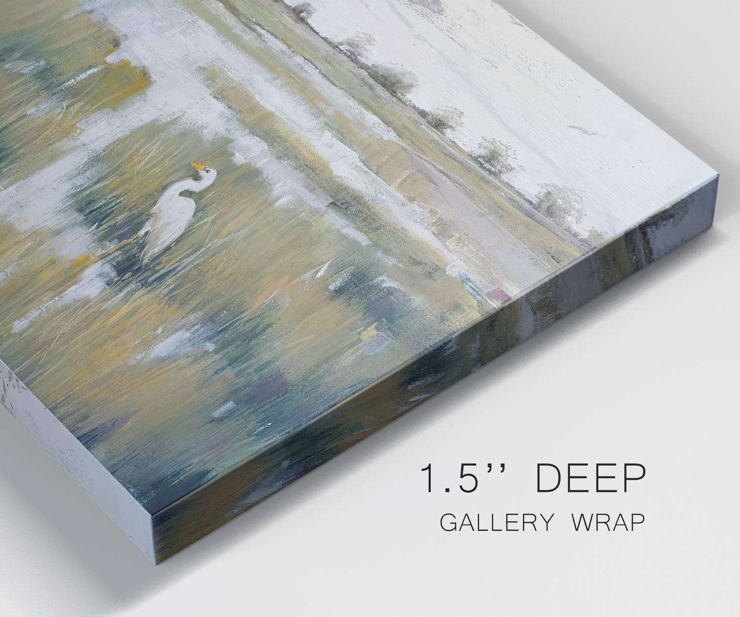 Close-up view of wrapped canvas corner featuring pastoral marshland landscape.