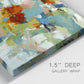 Close-up view of wrapped canvas corner featuring celebratory abstract color movement.