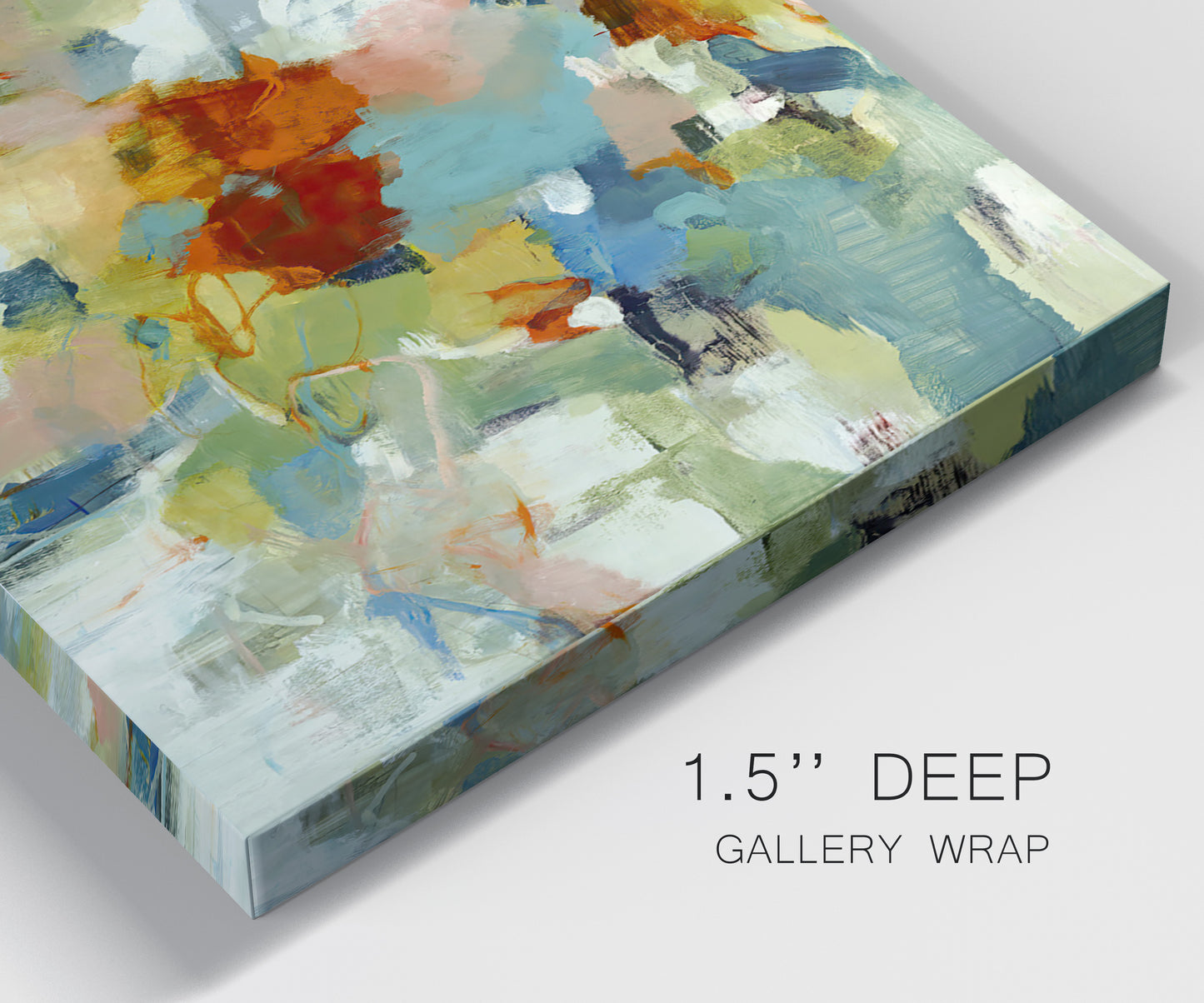 Close-up view of wrapped canvas corner featuring celebratory abstract color movement.