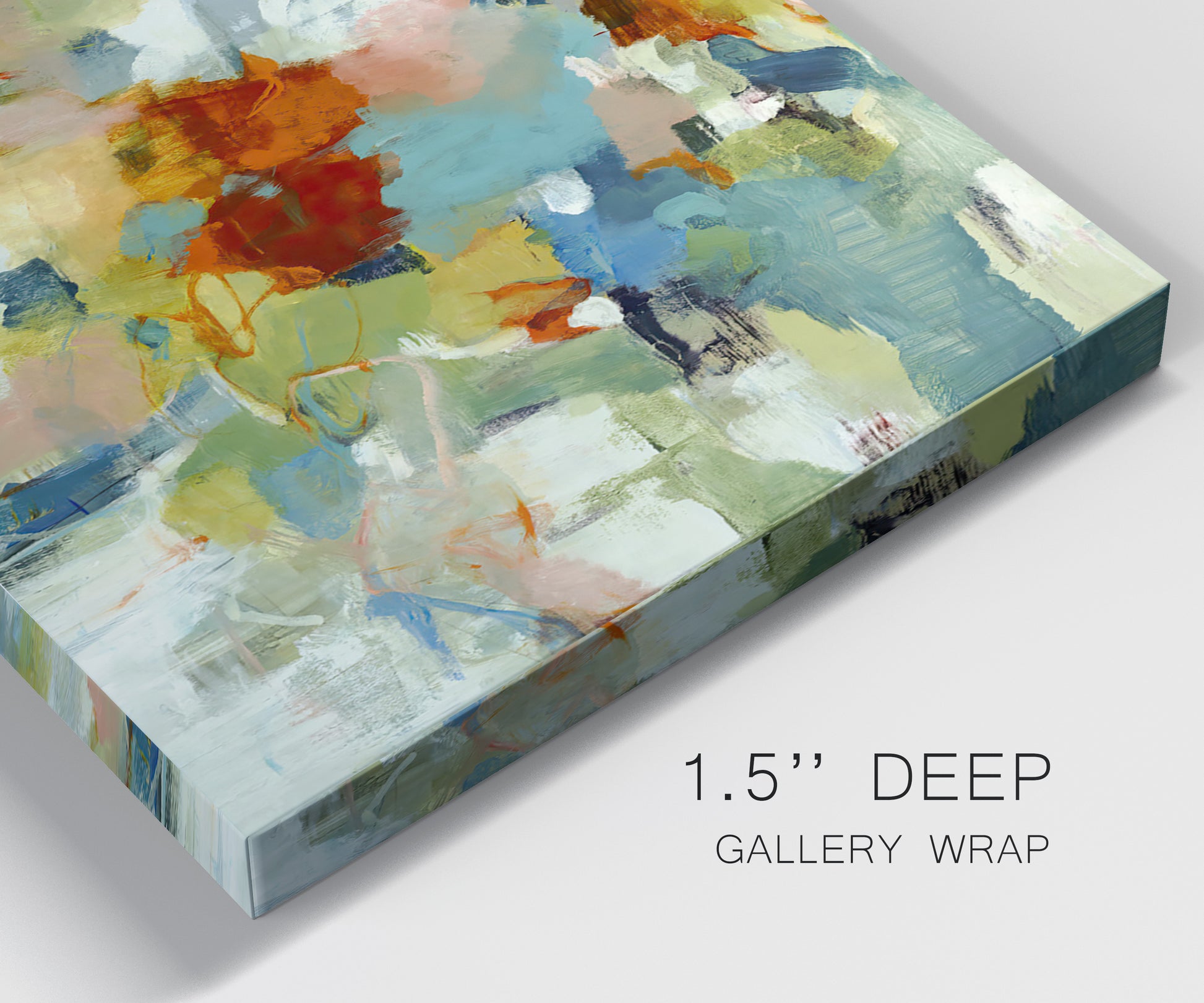 Close-up view of wrapped canvas corner featuring celebratory abstract color movement.