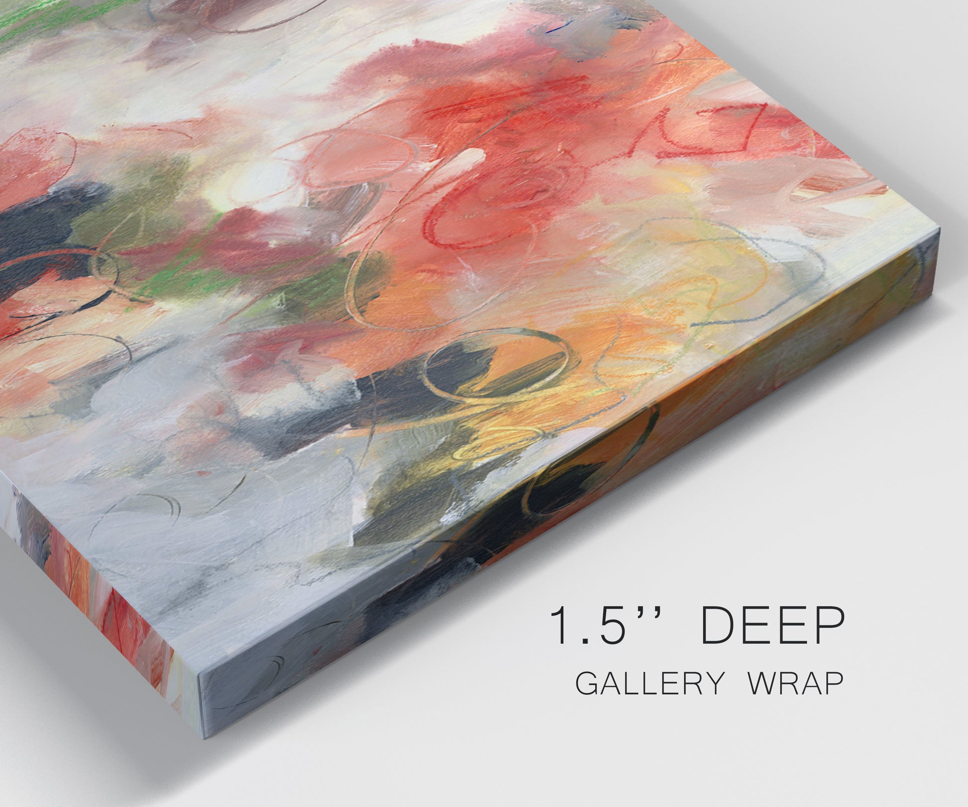 Close-up view of wrapped canvas corner featuring abstract floral color composition.