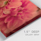Close-up view of wrapped canvas corner featuring vivid red floral close up.