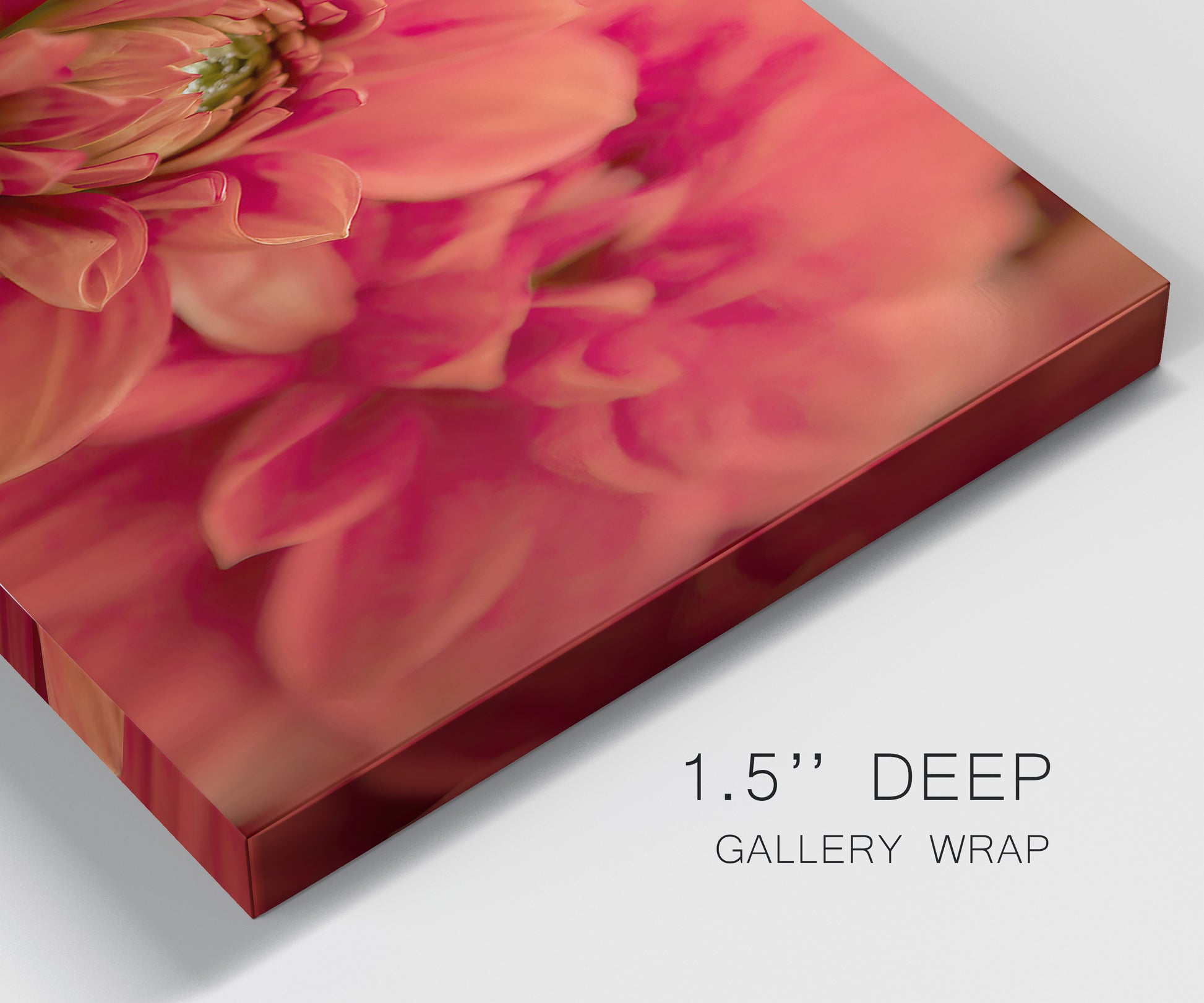Close-up view of wrapped canvas corner featuring vivid red floral close up.