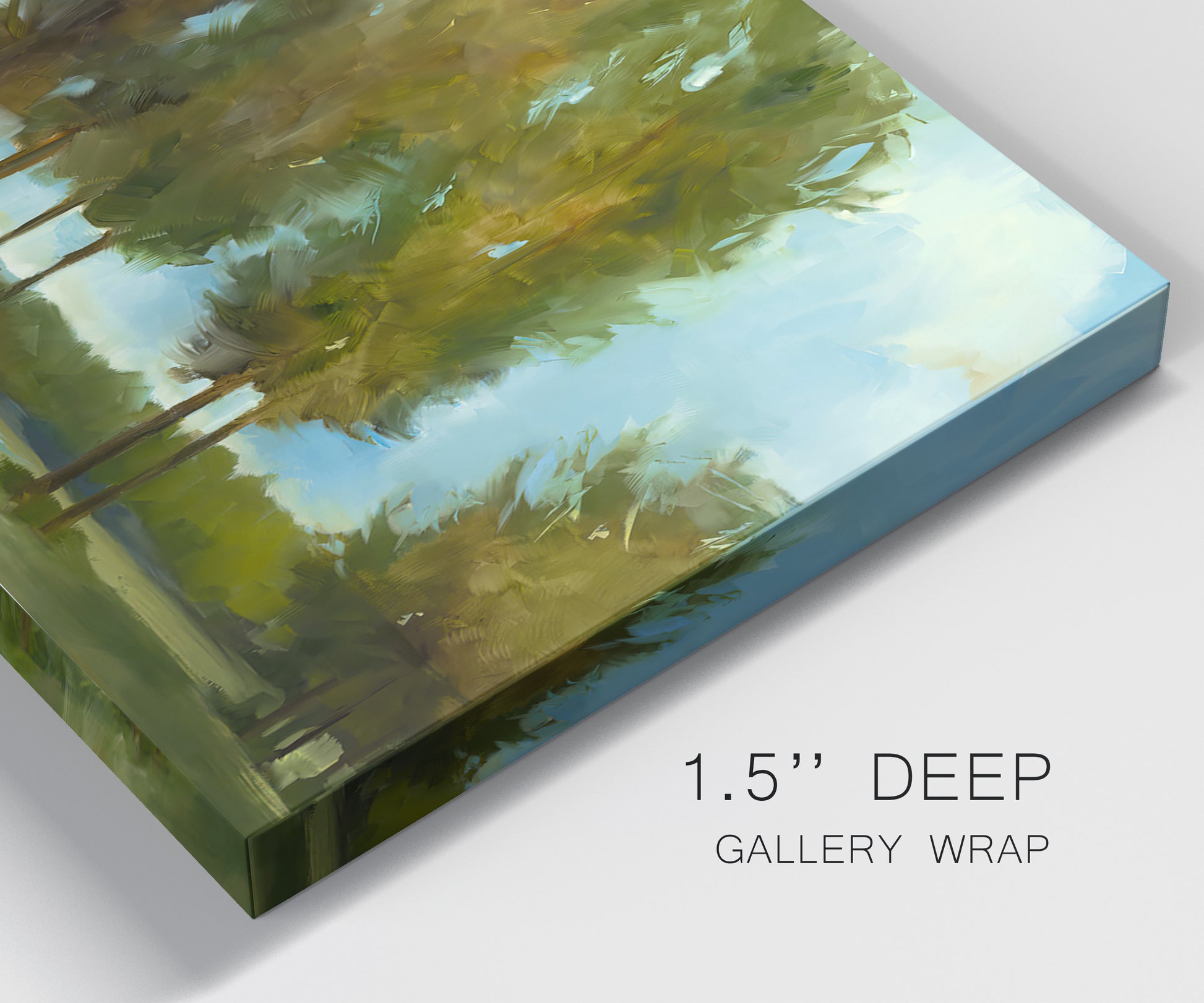 Close-up view of wrapped canvas corner featuring tall trees lining open landscape.