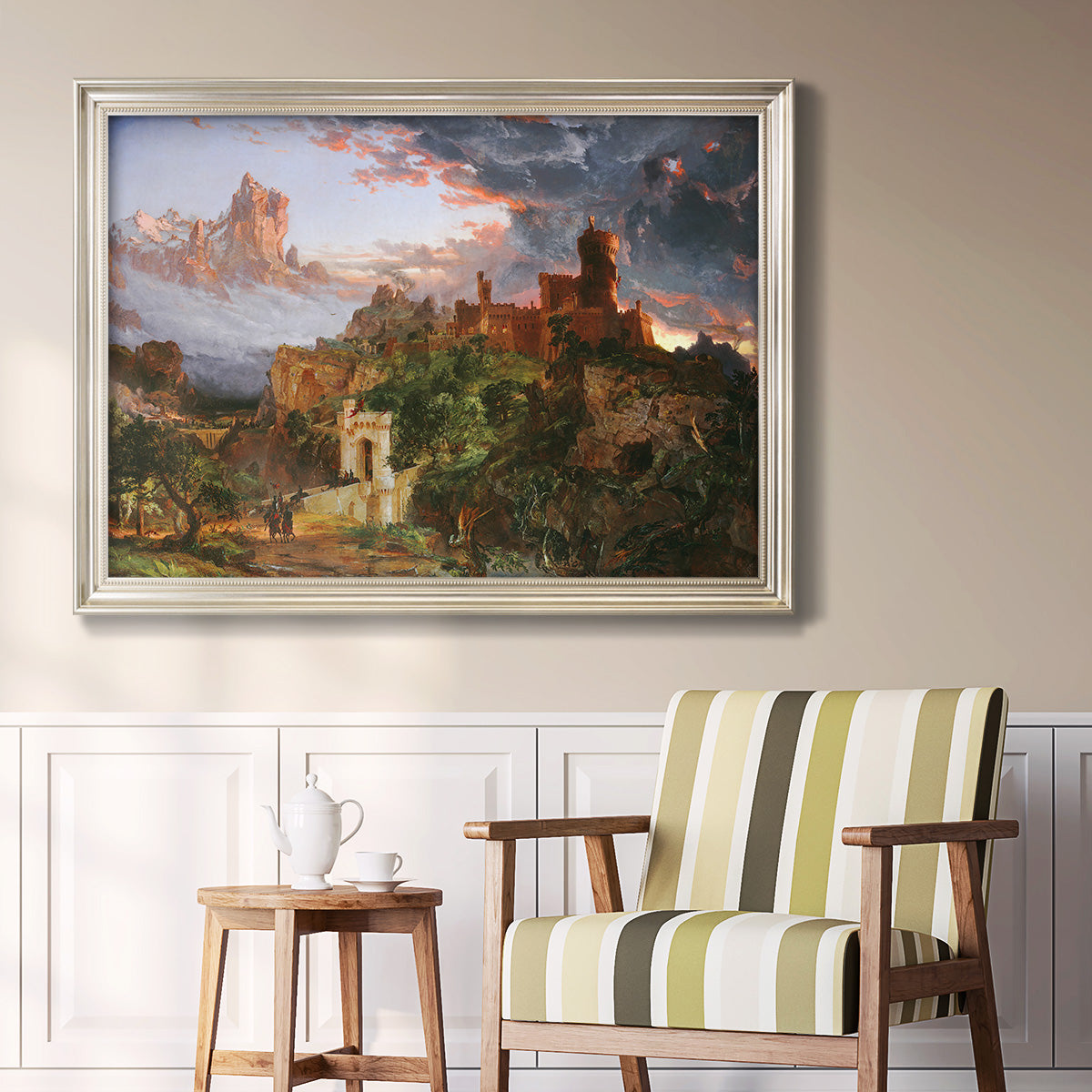 Romantic allegorical landscape painting by Jasper Francis Cropsey in an ornate champagne frame displayed in a light-toned interior setting.