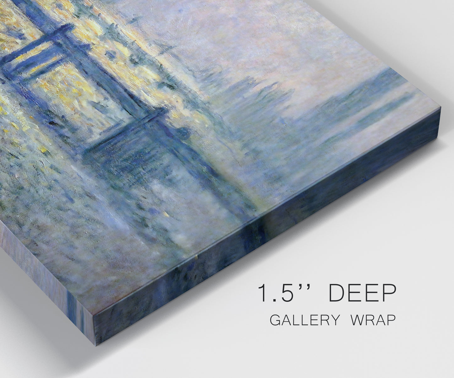 Close-up view of wrapped canvas corner featuring london bridge crossing wide river.