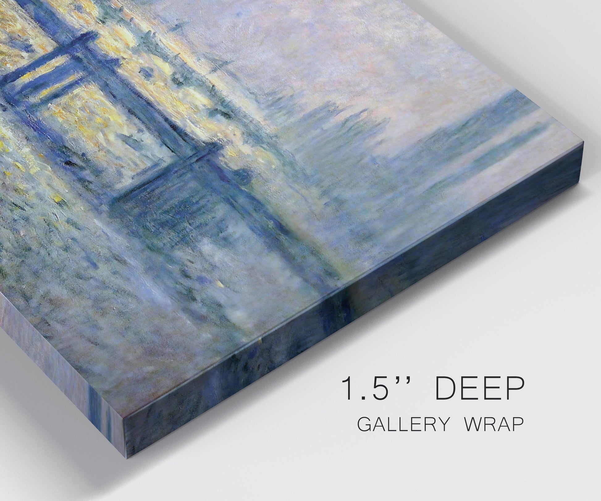 Close-up view of wrapped canvas corner featuring london bridge crossing wide river.